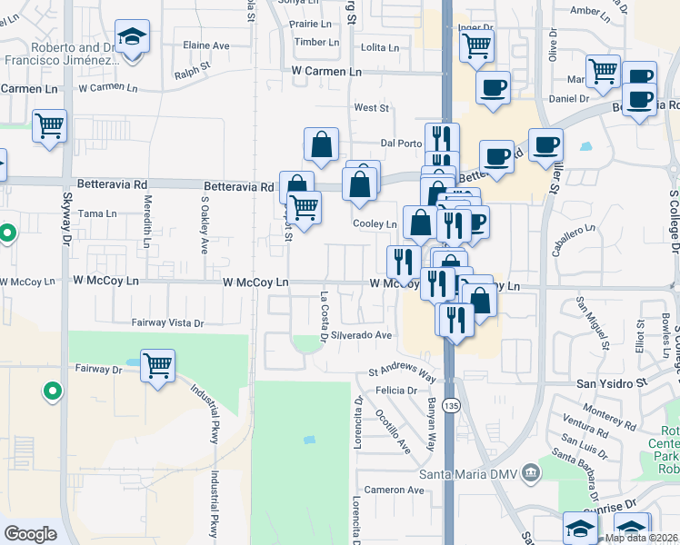 map of restaurants, bars, coffee shops, grocery stores, and more near 2353 Timsbury Way in Santa Maria