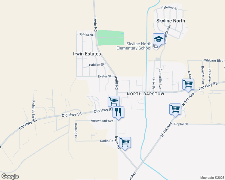 map of restaurants, bars, coffee shops, grocery stores, and more near 36708 Irwin Road in Barstow