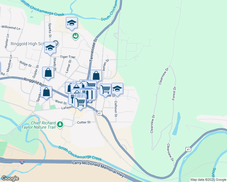 map of restaurants, bars, coffee shops, grocery stores, and more near 89 Kittle Street in Ringgold