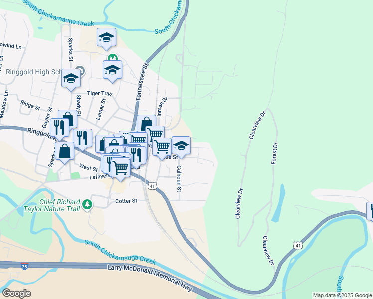 map of restaurants, bars, coffee shops, grocery stores, and more near 38 Marilyn Circle in Ringgold