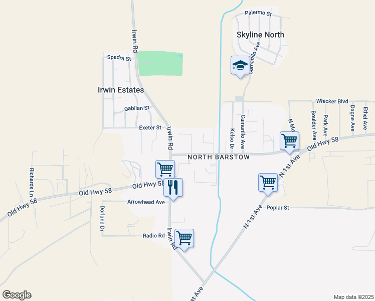 map of restaurants, bars, coffee shops, grocery stores, and more near 36718 Clemens Avenue in Barstow