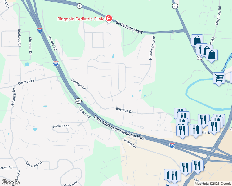 map of restaurants, bars, coffee shops, grocery stores, and more near 744 Live Oak Road in Ringgold