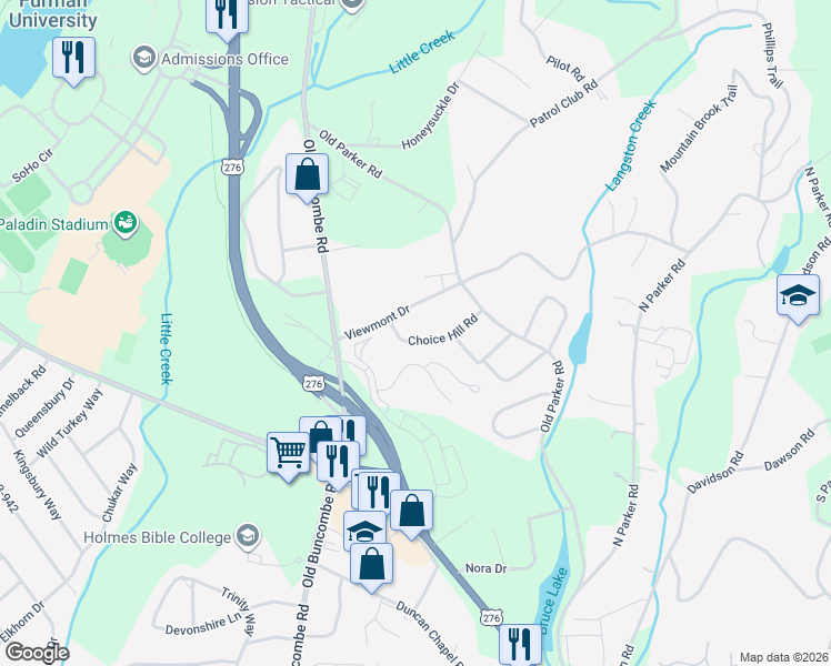 map of restaurants, bars, coffee shops, grocery stores, and more near 106 Choice Hill Road in Greenville