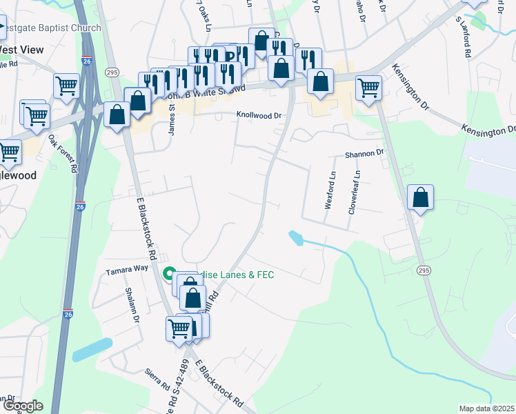 map of restaurants, bars, coffee shops, grocery stores, and more near 136 Hidden Hill Road in Spartanburg