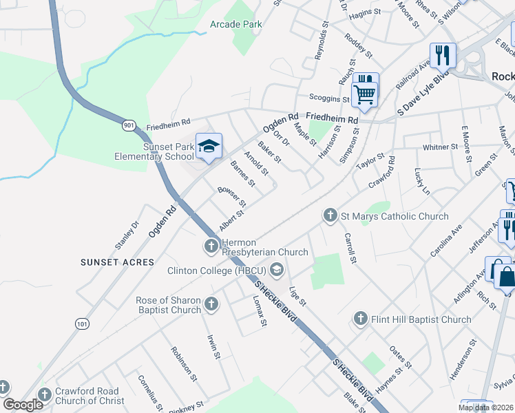 map of restaurants, bars, coffee shops, grocery stores, and more near 961 Albert Street in Rock Hill