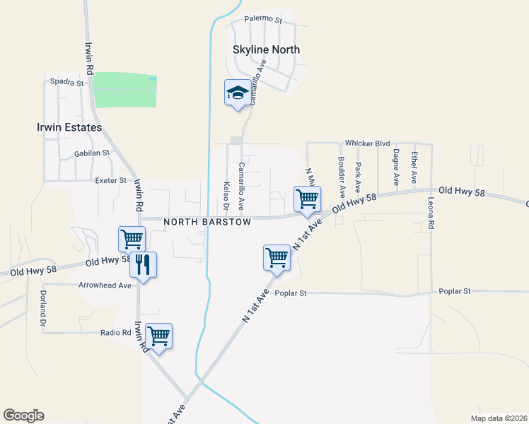 map of restaurants, bars, coffee shops, grocery stores, and more near 801 Old Highway 58 in Barstow