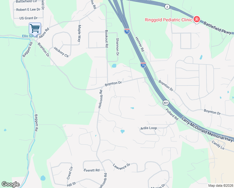 map of restaurants, bars, coffee shops, grocery stores, and more near 95 Garden View Lane in Ringgold