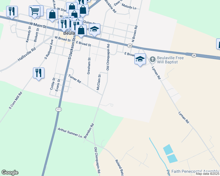 map of restaurants, bars, coffee shops, grocery stores, and more near 277 Old Chinquapin Road in Beulaville