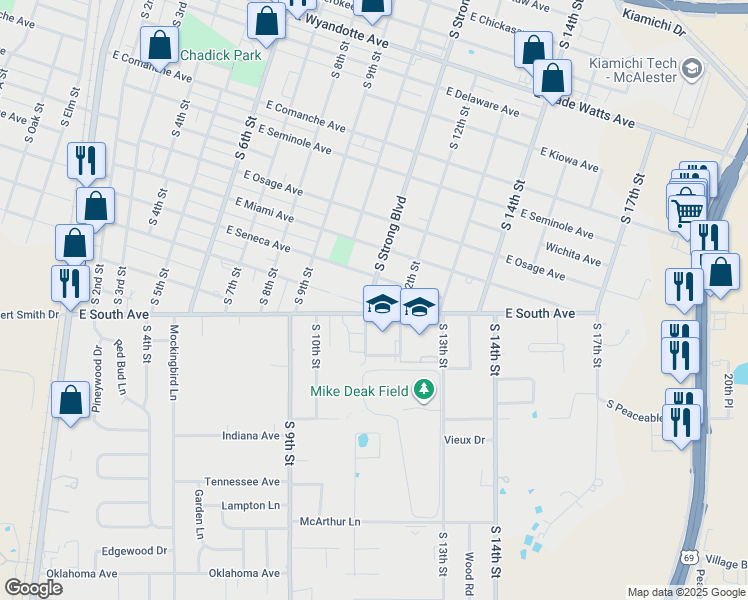 map of restaurants, bars, coffee shops, grocery stores, and more near 1008 East Creek Avenue in McAlester