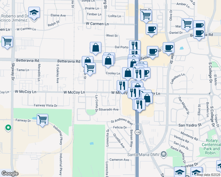 map of restaurants, bars, coffee shops, grocery stores, and more near 2346 Eastbury Way in Santa Maria
