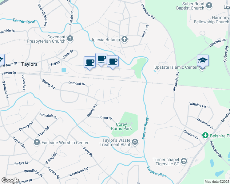 map of restaurants, bars, coffee shops, grocery stores, and more near 1900 Boling Road in Taylors