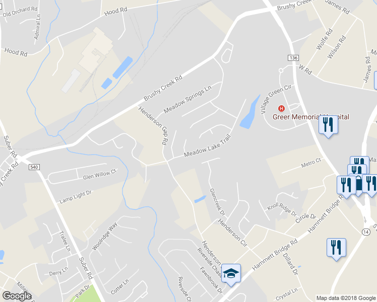 map of restaurants, bars, coffee shops, grocery stores, and more near 201 Meadow Lake Trail in Greer