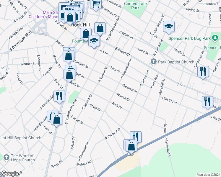 map of restaurants, bars, coffee shops, grocery stores, and more near 543 Walnut Street in Rock Hill