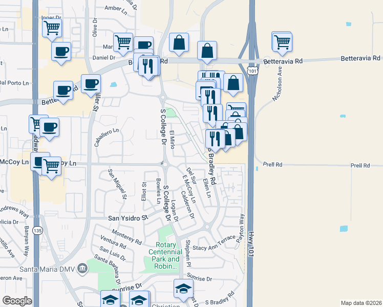 map of restaurants, bars, coffee shops, grocery stores, and more near 721 La Gracia in Santa Maria