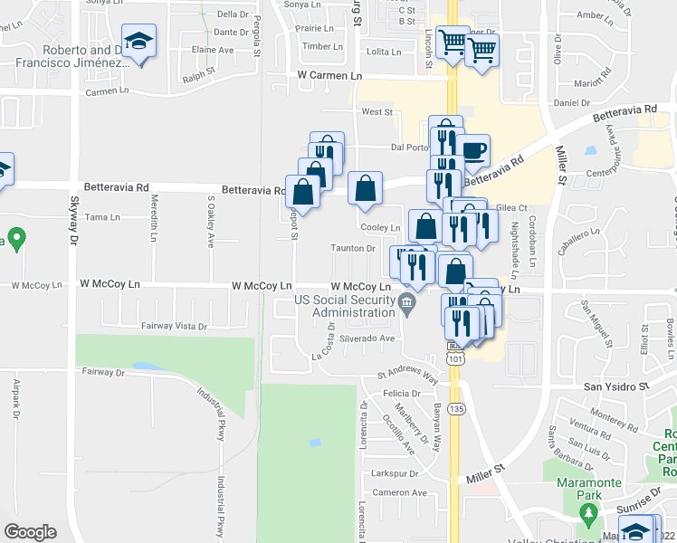 map of restaurants, bars, coffee shops, grocery stores, and more near 2346 Westbury Way in Santa Maria