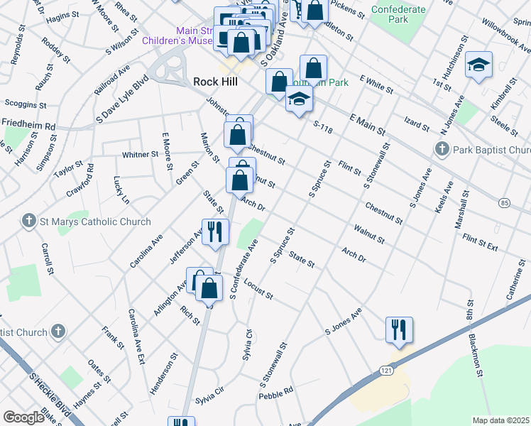 map of restaurants, bars, coffee shops, grocery stores, and more near 450 Arch Drive in Rock Hill