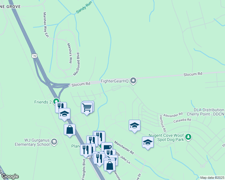 map of restaurants, bars, coffee shops, grocery stores, and more near 1 Pamlico Road in Havelock