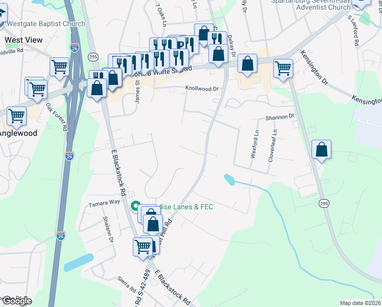 map of restaurants, bars, coffee shops, grocery stores, and more near 104 Byron Terrace in Spartanburg