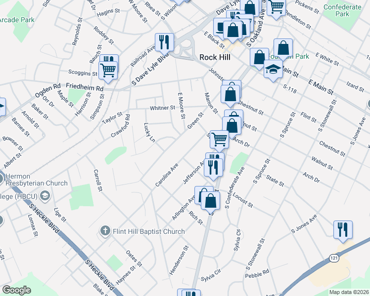 map of restaurants, bars, coffee shops, grocery stores, and more near 800 Carolina Avenue in Rock Hill