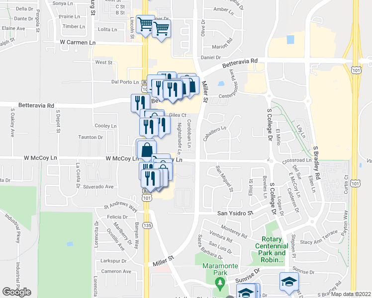 map of restaurants, bars, coffee shops, grocery stores, and more near 321 Alcazar Drive in Santa Maria