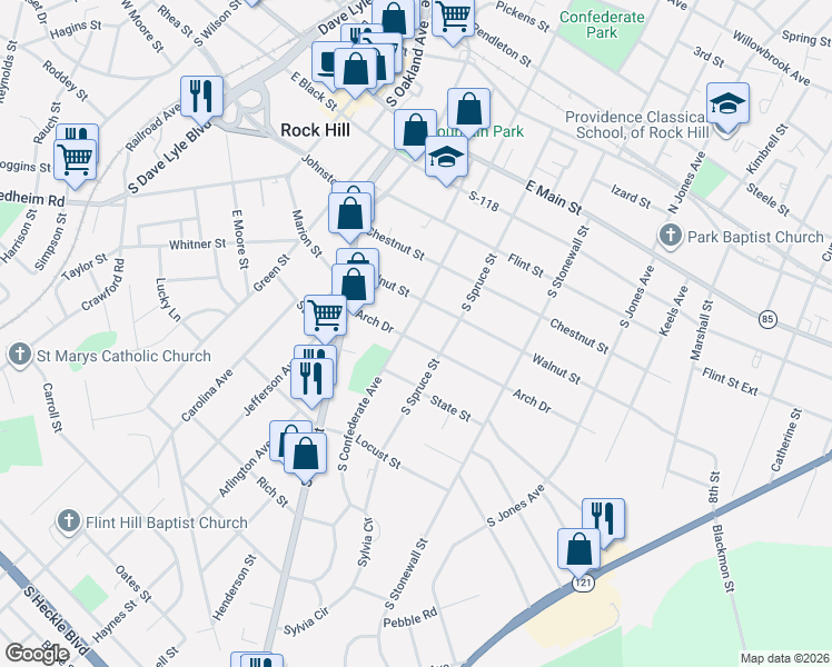 map of restaurants, bars, coffee shops, grocery stores, and more near 474 Arch Drive in Rock Hill