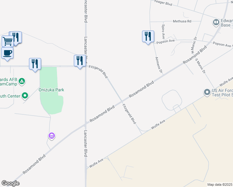 map of restaurants, bars, coffee shops, grocery stores, and more near 1365 Fitzgerald Boulevard in Edwards Air Force Base