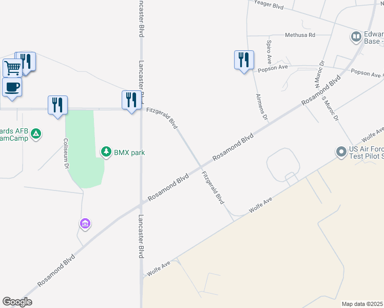 map of restaurants, bars, coffee shops, grocery stores, and more near 1365 Fitzgerald Boulevard in Edwards Air Force Base