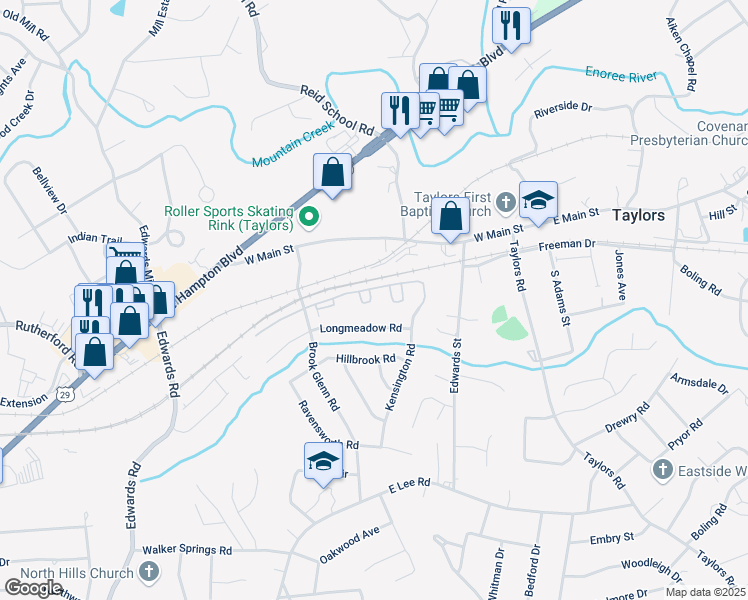 map of restaurants, bars, coffee shops, grocery stores, and more near 200 Kensington Road in Taylors
