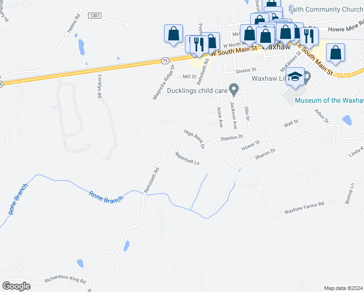 map of restaurants, bars, coffee shops, grocery stores, and more near 4609 Waterbell Lane in Waxhaw