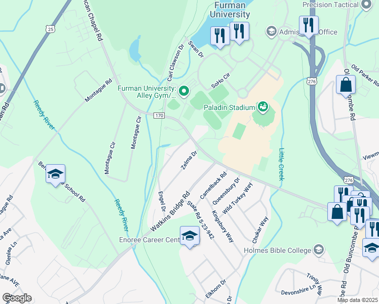 map of restaurants, bars, coffee shops, grocery stores, and more near 3 Zelma Drive in Greenville