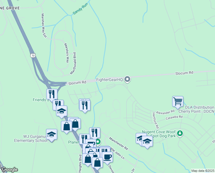 map of restaurants, bars, coffee shops, grocery stores, and more near 1-21 Pamlico Road in Havelock