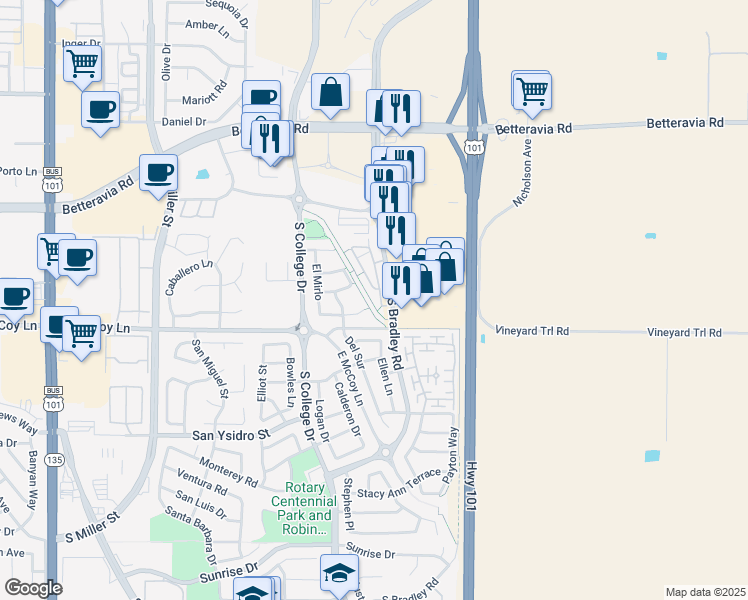 map of restaurants, bars, coffee shops, grocery stores, and more near 2327 Cottage Lane North in Santa Maria