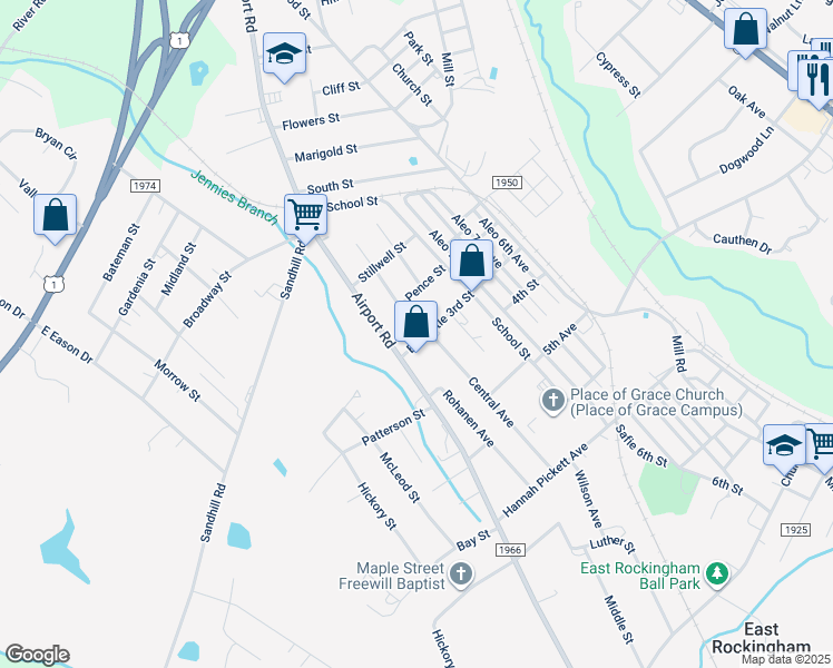map of restaurants, bars, coffee shops, grocery stores, and more near 111 Entwistle 3rd Street in Rockingham