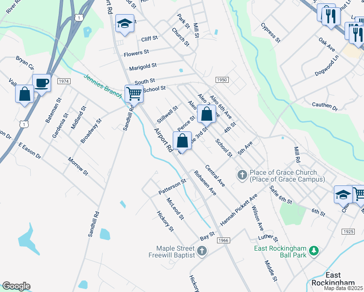 map of restaurants, bars, coffee shops, grocery stores, and more near 111 Entwistle 3rd Street in Rockingham