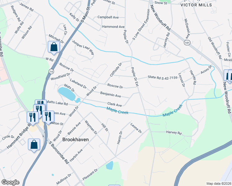map of restaurants, bars, coffee shops, grocery stores, and more near 120 Benjamin Avenue in Greer