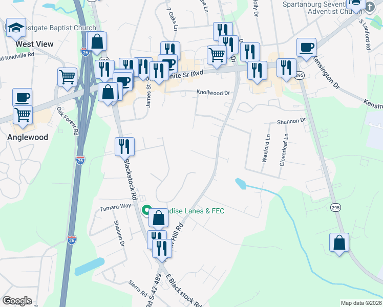 map of restaurants, bars, coffee shops, grocery stores, and more near 104 Byron Terrace in Spartanburg