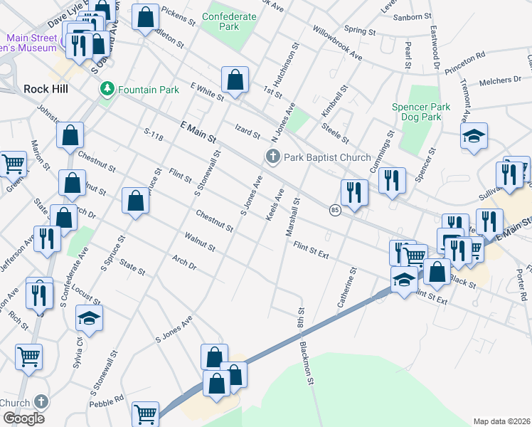 map of restaurants, bars, coffee shops, grocery stores, and more near 310 Keels Avenue in Rock Hill