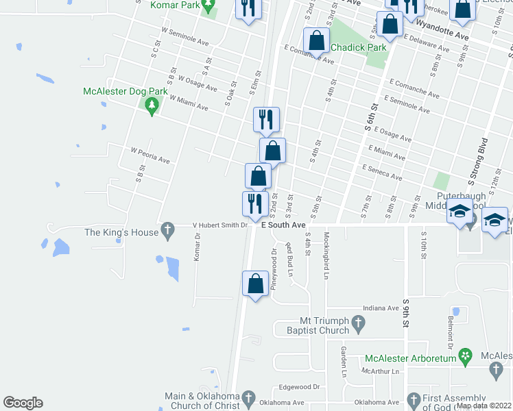 map of restaurants, bars, coffee shops, grocery stores, and more near 1401 South Main Street in McAlester