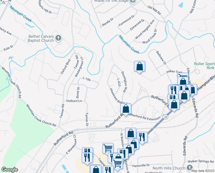 map of restaurants, bars, coffee shops, grocery stores, and more near 301 Pheasant Ridge Drive in Taylors