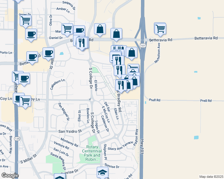 map of restaurants, bars, coffee shops, grocery stores, and more near 2315 Lily Lane in Santa Maria