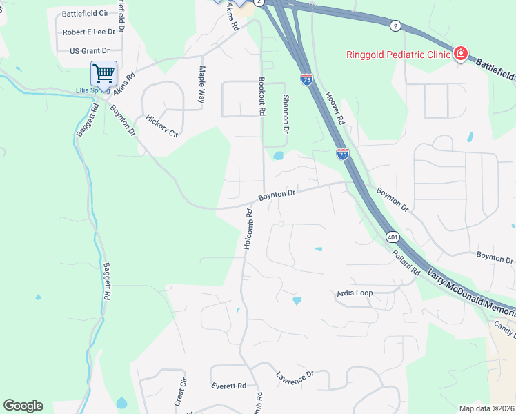 map of restaurants, bars, coffee shops, grocery stores, and more near 17 Bookout Road in Ringgold