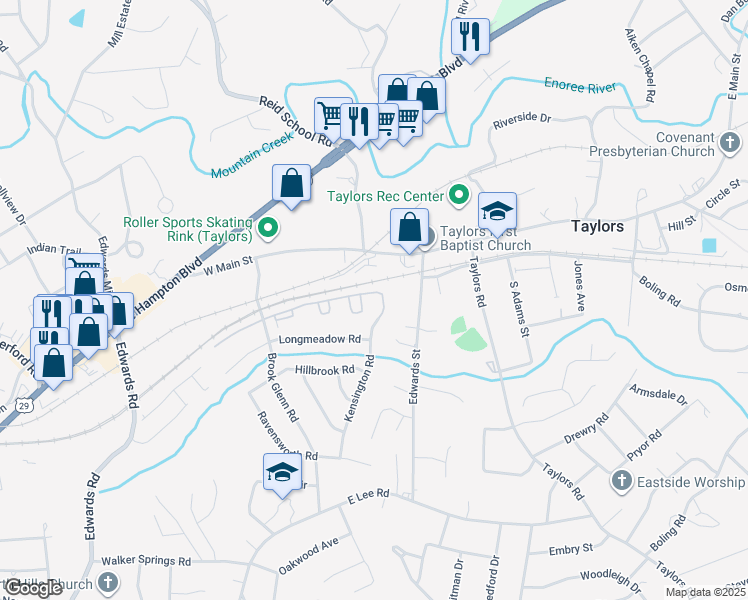map of restaurants, bars, coffee shops, grocery stores, and more near 200 Kensington Road in Taylors