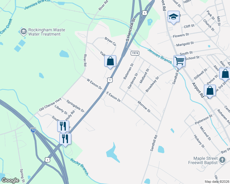 map of restaurants, bars, coffee shops, grocery stores, and more near 156 Bateman Street in Rockingham