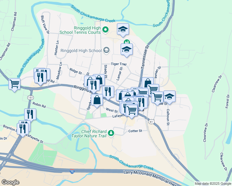 map of restaurants, bars, coffee shops, grocery stores, and more near 161 High Street in Ringgold