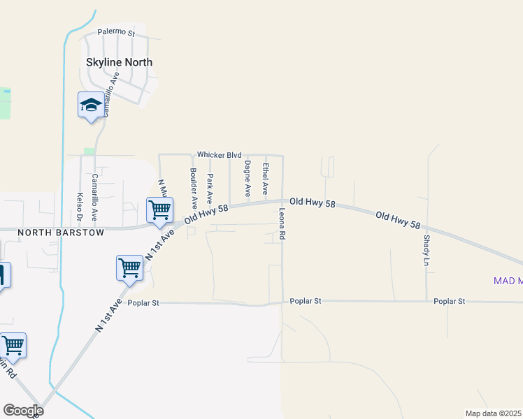 map of restaurants, bars, coffee shops, grocery stores, and more near 30047 Old Highway 58 in Barstow