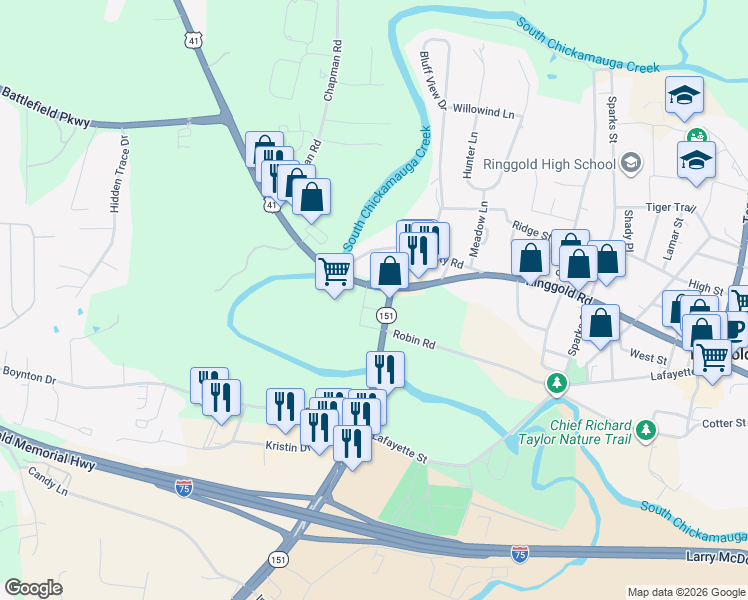 map of restaurants, bars, coffee shops, grocery stores, and more near 6899 Nashville Street in Ringgold