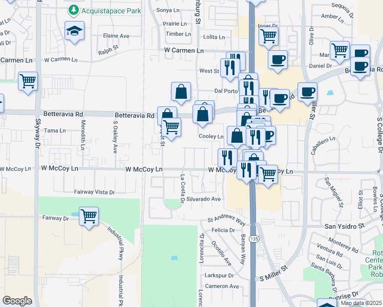 map of restaurants, bars, coffee shops, grocery stores, and more near 2321 Timsbury Way in Santa Maria