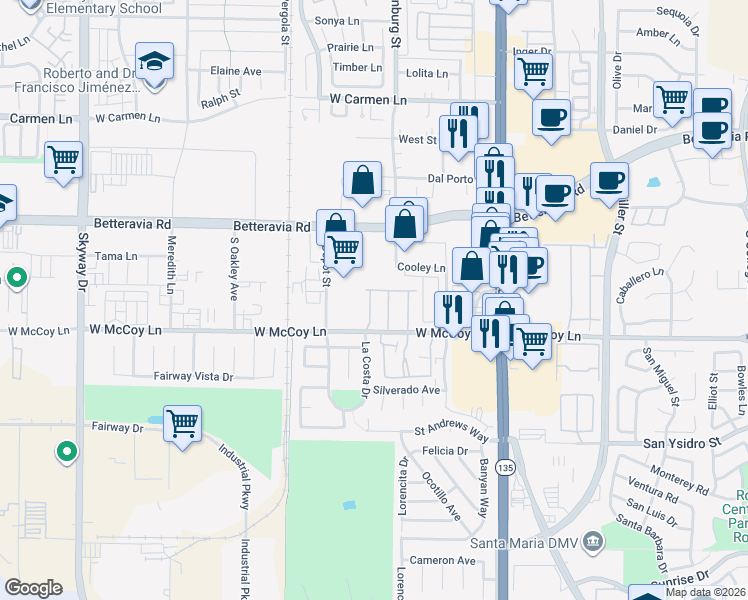 map of restaurants, bars, coffee shops, grocery stores, and more near 2322 Westbury Way in Santa Maria