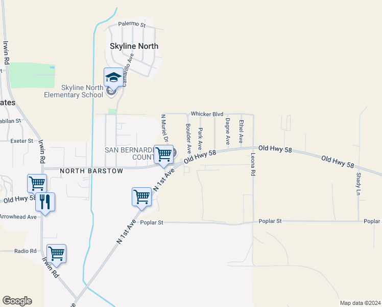 map of restaurants, bars, coffee shops, grocery stores, and more near 29871 US Highway 58 in Barstow