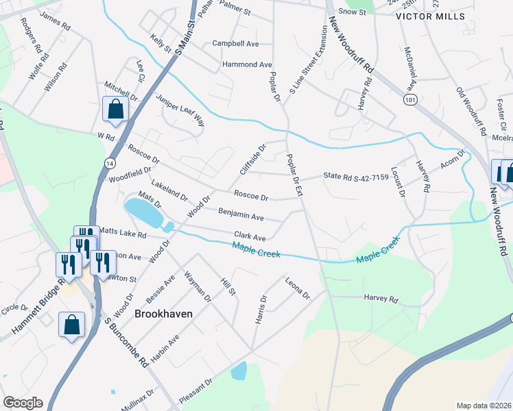 map of restaurants, bars, coffee shops, grocery stores, and more near 1088 Roscoe Drive in Greer
